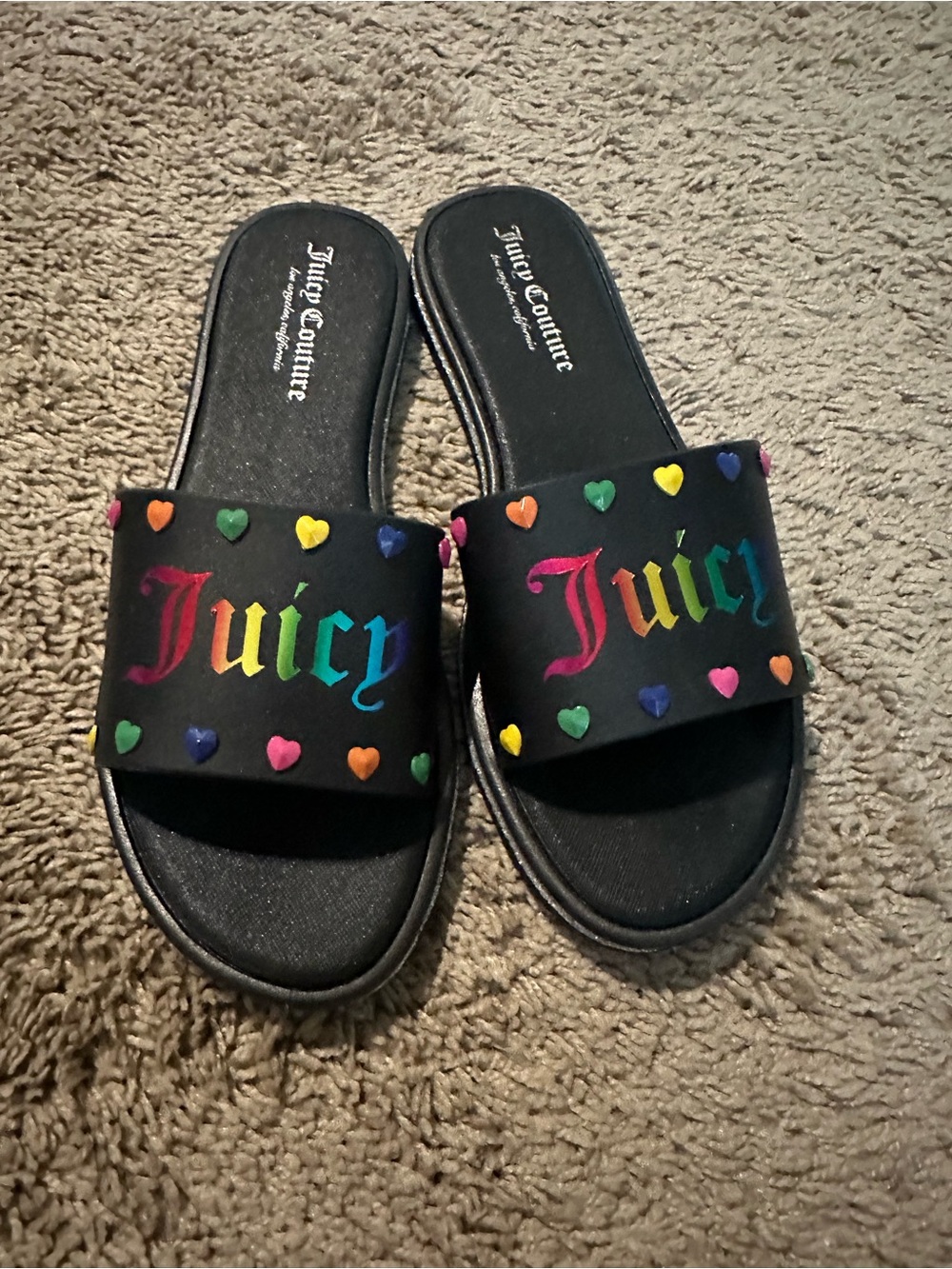 Juicy Couture women’s sz 9 Slides with Rainbow 'Juicy' Logo and Heart accents